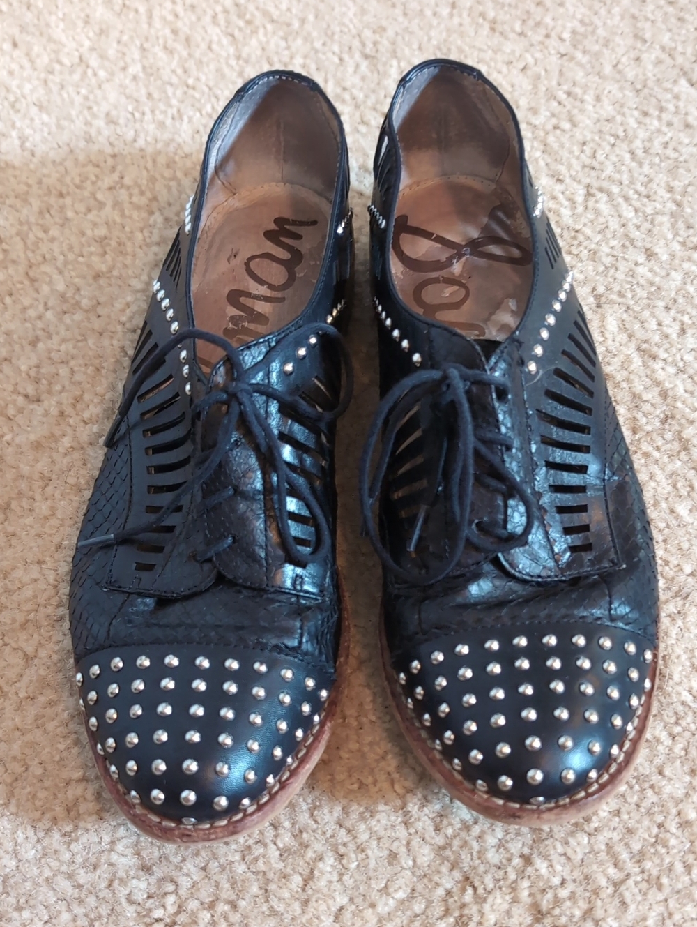 Sam Edelman Black Studded Cutout Lace-Up Flats